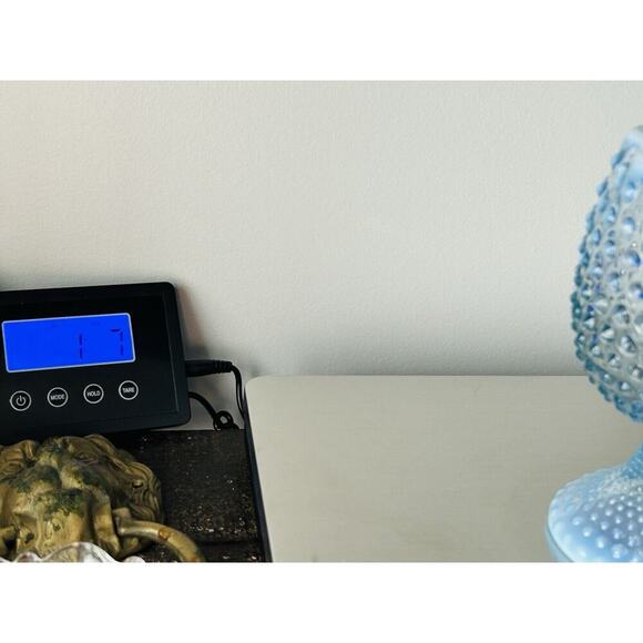 EUC Duncan Miller Blue Opalescent Glass Footed Hobnail Vase Ruffle Crimped - Picture 15 of 16